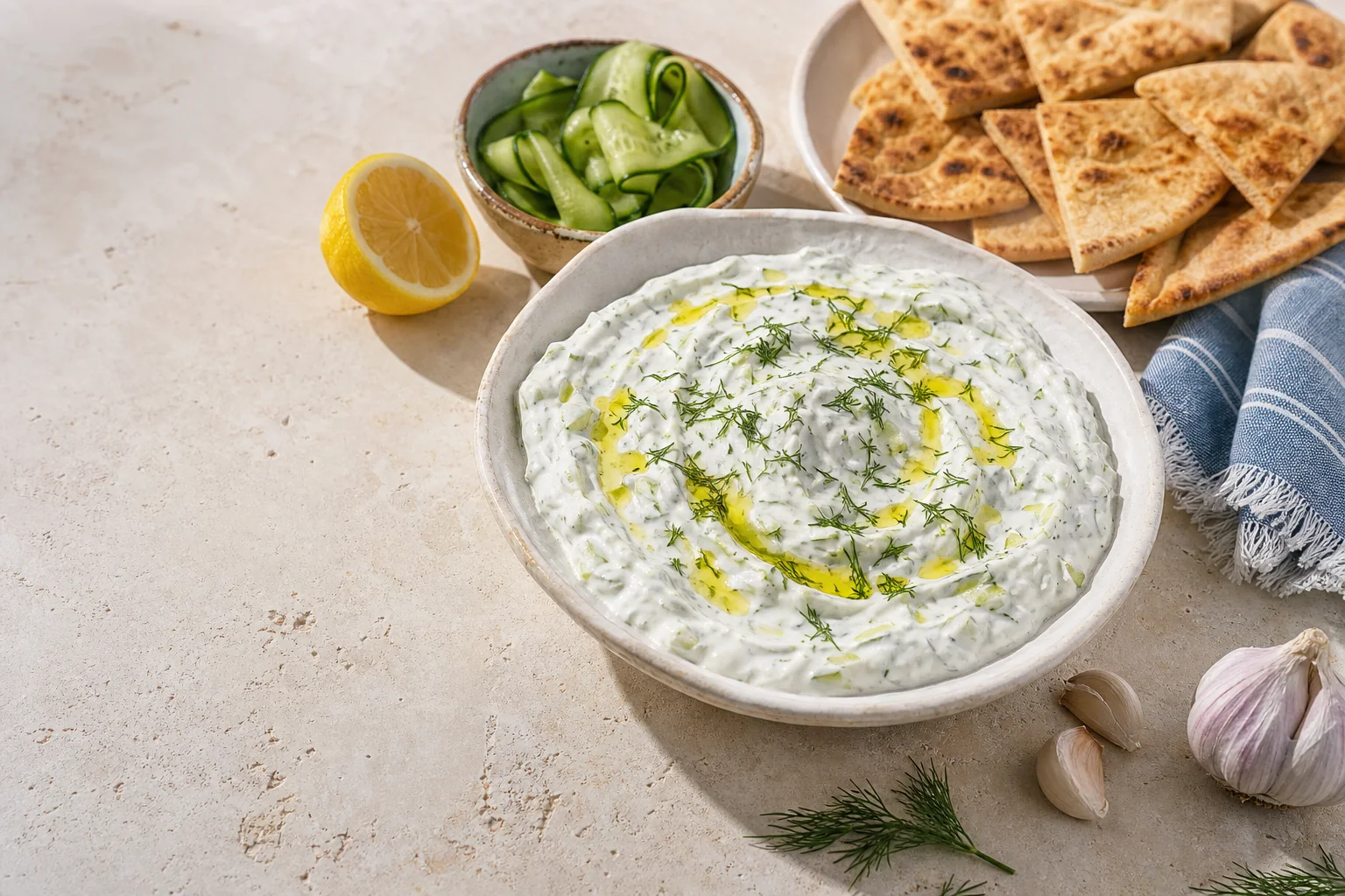 Thick Greek tzatziki topped with olive oil and dill beside cucumber and pita bread